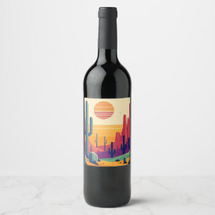 Colourful southwestern desert art wine label