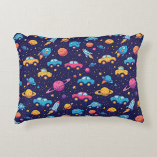 Colourful Space Adventure With Cars, Rockets Decorative Cushion