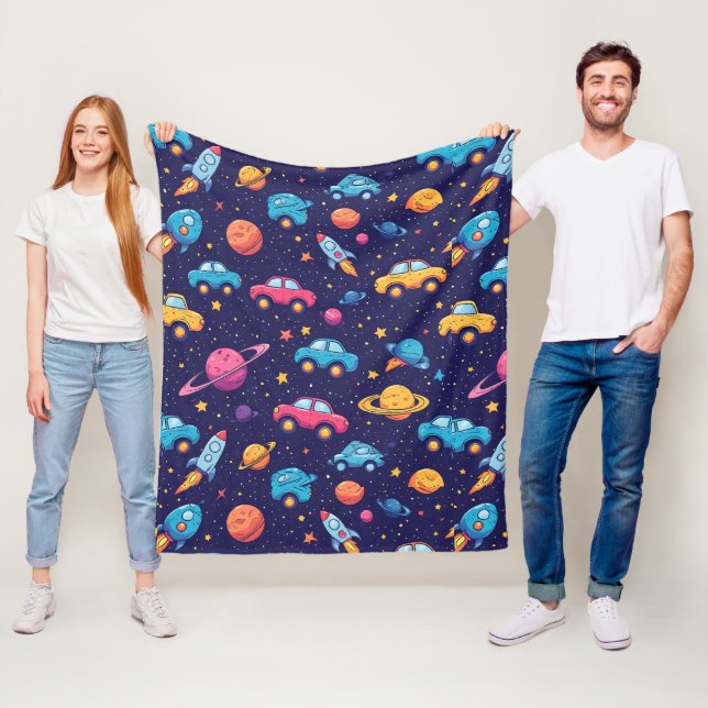 Colourful Space Adventure With Cars, Rockets Fleece Blanket (In Situ)