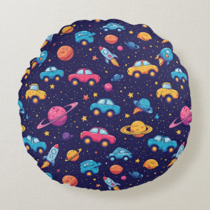 Colourful Space Adventure With Cars, Rockets Round Cushion