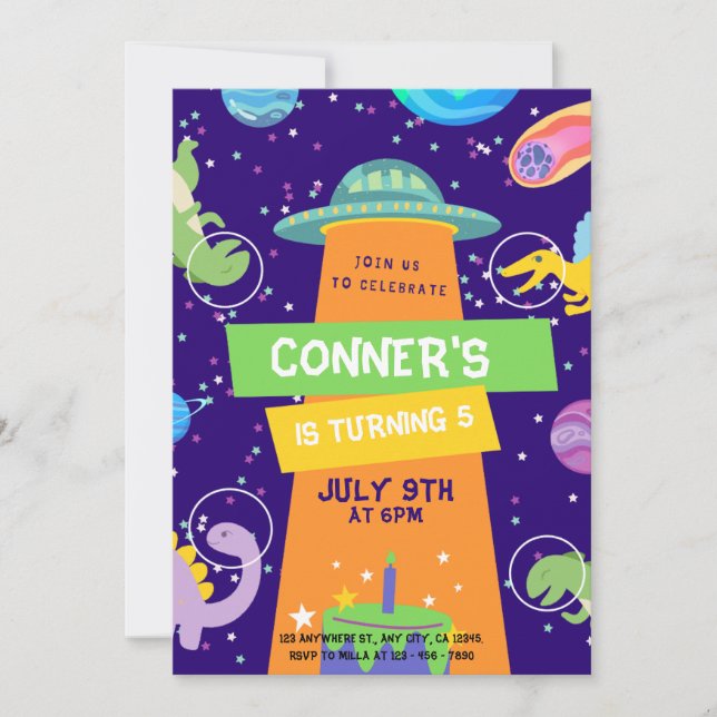 Colourful Space and Dinosaurs Birthday Celebration Invitation (Front)