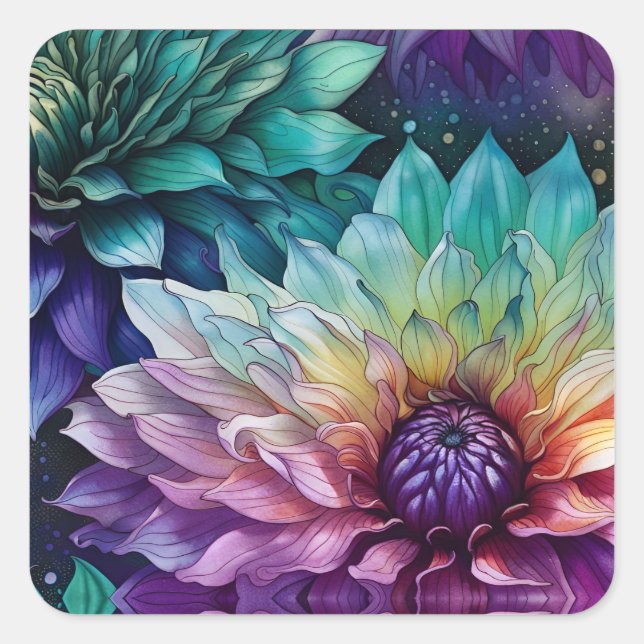 Colourful Space Dahlia Flower Square Sticker (Front)