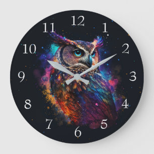 Colourful Space Owl Large Clock