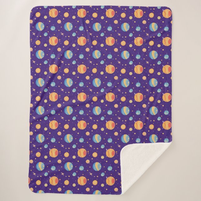 Colourful Space Pattern with Planets, Stars Sherpa Blanket (Front)