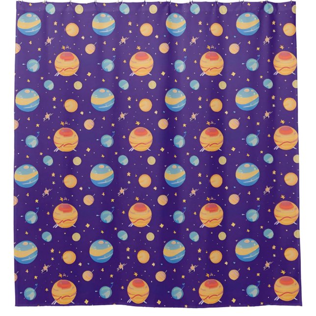 Colourful Space Pattern with Planets, Stars Shower Curtain (Front)