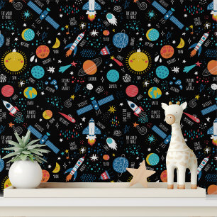 Colourful Space Rocket Kids Peel and Stick Wallpaper
