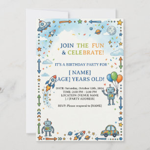 Colourful Space Rocket & Robot Blank Birthday Part Invitation