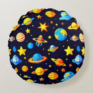 Colourful Space Theme With Planets Round Cushion