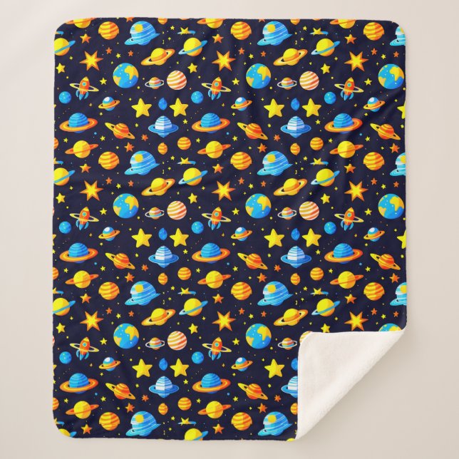 Colourful Space Theme With Planets Sherpa Blanket (Front)