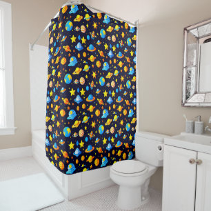 Colourful Space Theme With Planets Shower Curtain