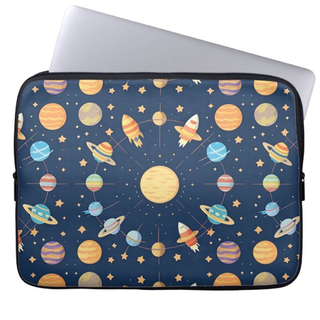 Colourful Space-themed Pattern with Planets Laptop Sleeve (Front)