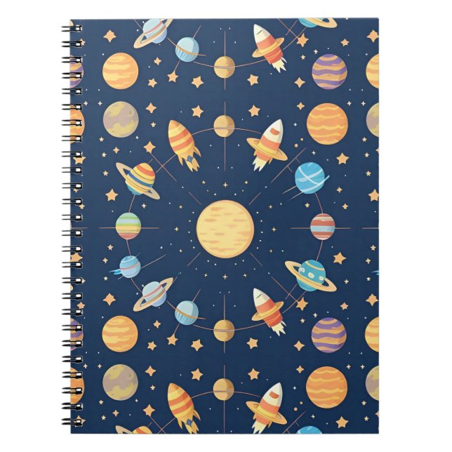 Colourful Space-themed Pattern with Planets Notebook (Front)