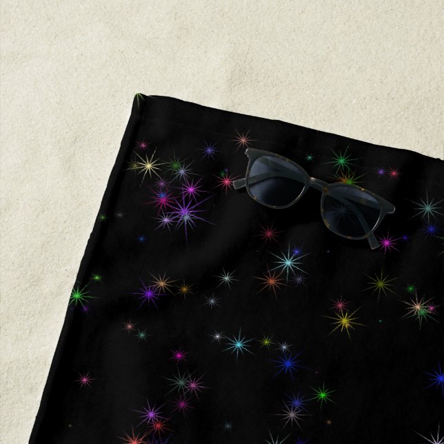 Colourful sparkling stars in night sky black desig beach towel (In Situ)