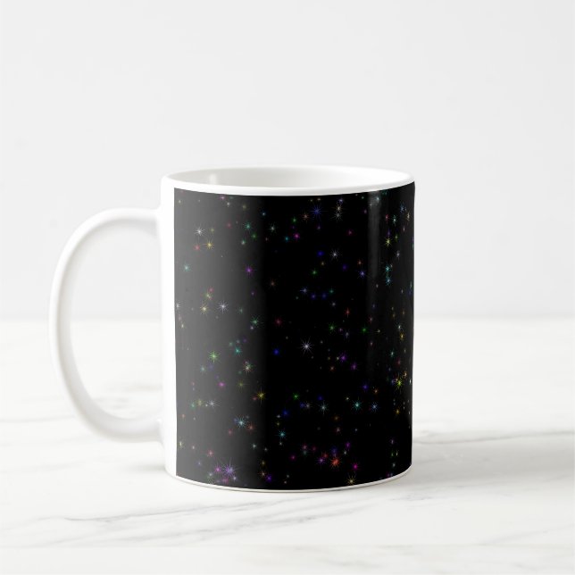 Colourful sparkling stars in night sky black desig coffee mug (Left)
