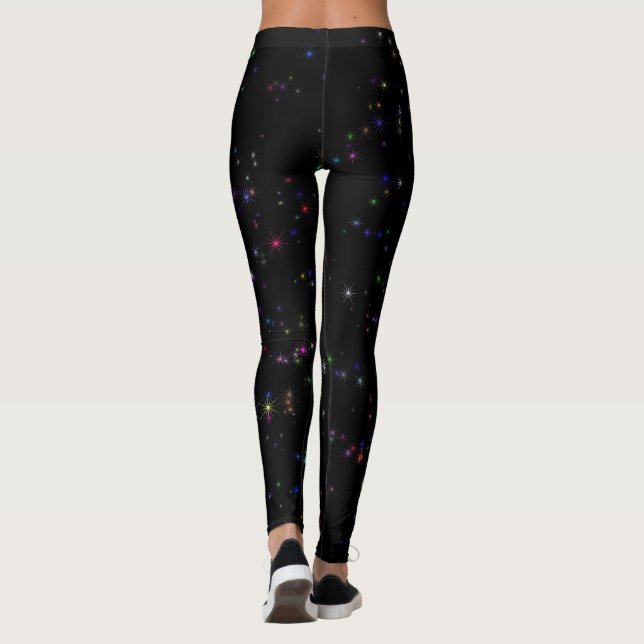 Colourful sparkling stars in night sky black desig leggings (Back)