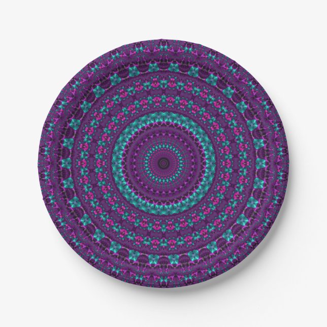 Colourful Sparkly Jewel Tone Mandala Digital Art Paper Plate (Front)