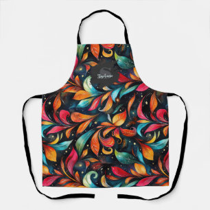 Colourful Sparkly Leaves Pattern - Black Backgroun Apron