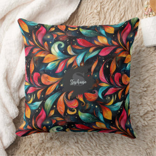 Colourful Sparkly Leaves Pattern - Black Backgroun Cushion