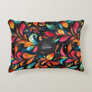 Colourful Sparkly Leaves Pattern - Black Backgroun Decorative Cushion