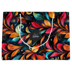 Colourful Sparkly Leaves Pattern - Black Backgroun Large Gift Bag