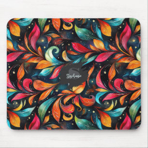 Colourful Sparkly Leaves Pattern - Black Backgroun Mouse Mat