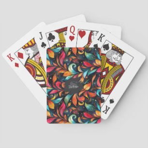 Colourful Sparkly Leaves Pattern - Black Backgroun Playing Cards