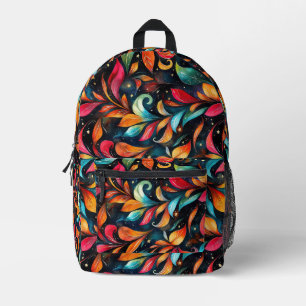 Colourful Sparkly Leaves Pattern - Black Backgroun Printed Backpack