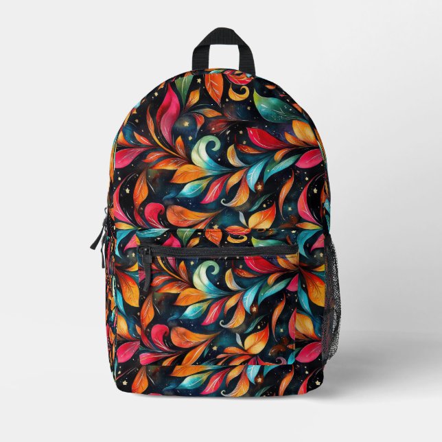 Colourful Sparkly Leaves Pattern - Black Backgroun Printed Backpack (Front)