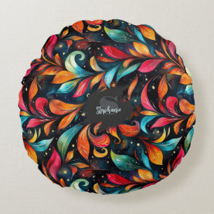 Colourful Sparkly Leaves Pattern - Black Backgroun Round Cushion