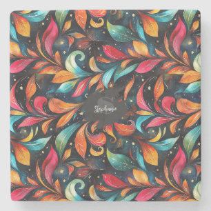 Colourful Sparkly Leaves Pattern - Black Backgroun Stone Coaster