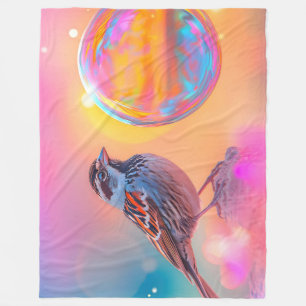Colourful Sparrow and Rainbow Bubble Fleece Blanket