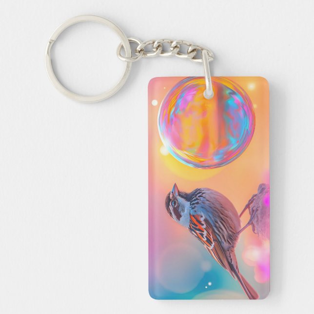 Colourful Sparrow and Rainbow Bubble  Key Ring (Front)