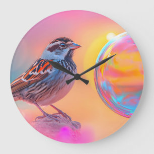 Colourful Sparrow and Rainbow Bubble  Large Clock