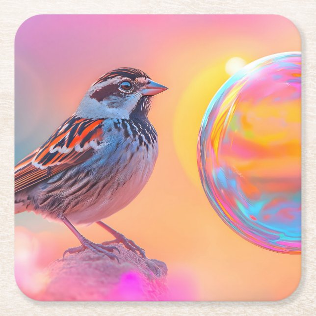 Colourful Sparrow and Rainbow Bubble  Square Paper Coaster (Front)