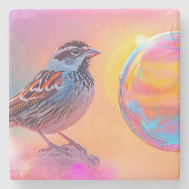Colourful Sparrow and Rainbow Bubble  Stone Coaster (Front)
