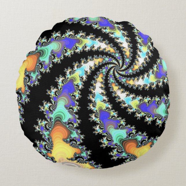 Colourful Spinning Fractal Round Pillow (Front)