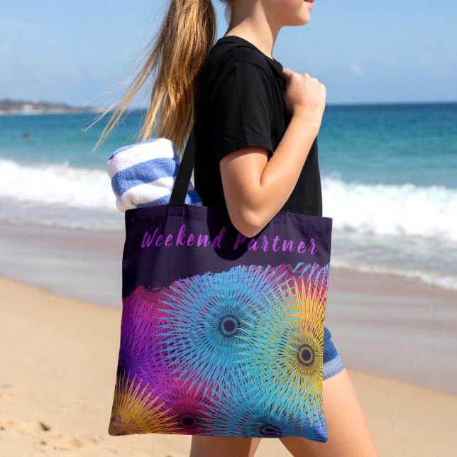 Colourful Spiral Geometric Tote Bag (Weekend vibes tote brings color to the beach. custom text.)