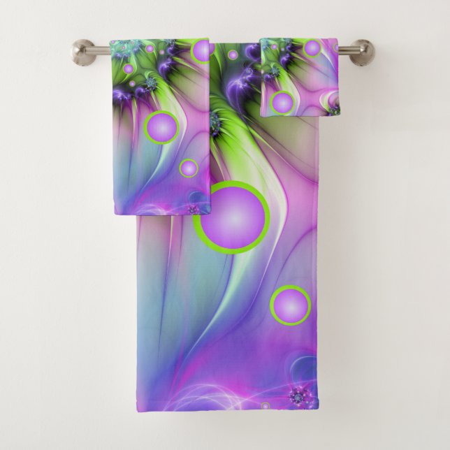 Colourful Spiral Round Shapes Abstract Fractal Art Bath Towel Set (Insitu)