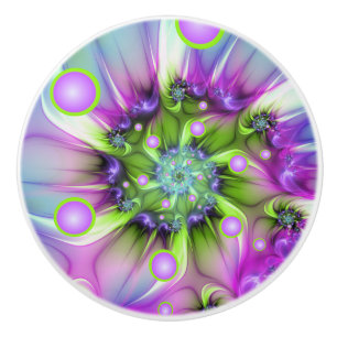 Colourful Spiral Round Shapes Abstract Fractal Art Ceramic Knob