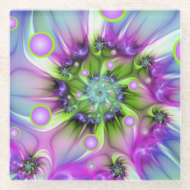 Colourful Spiral Round Shapes Abstract Fractal Art Glass Coaster (Front)