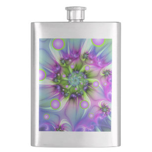 Colourful Spiral Round Shapes Abstract Fractal Art Hip Flask