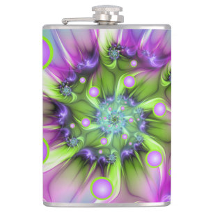 Colourful Spiral Round Shapes Abstract Fractal Art Hip Flask