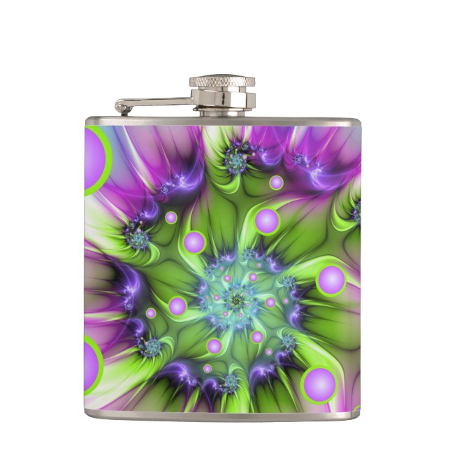 Colourful Spiral Round Shapes Abstract Fractal Art Hip Flask (Front)