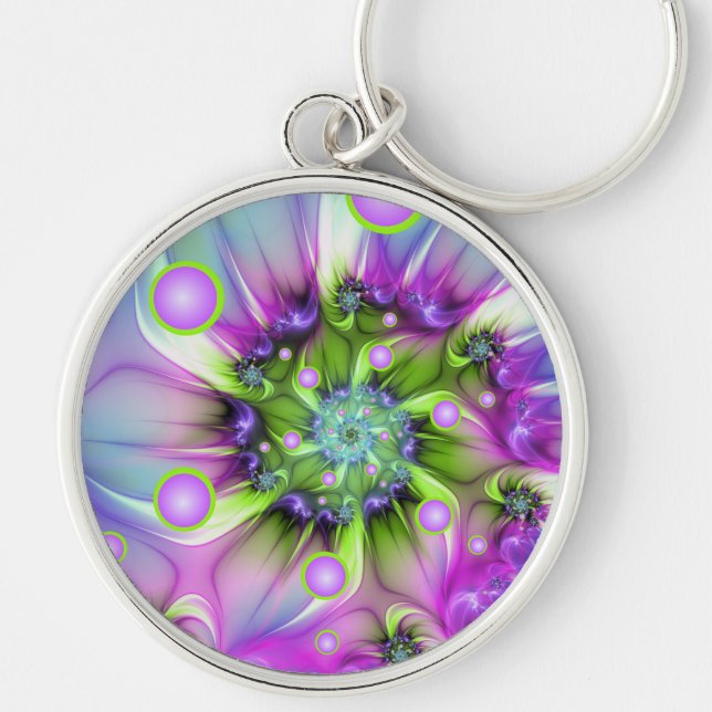 Colourful Spiral Round Shapes Abstract Fractal Art Key Ring (Front)