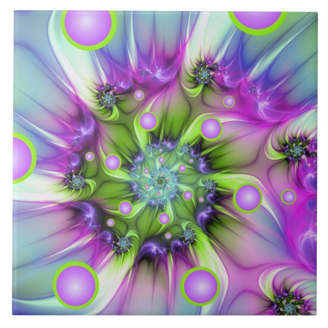 Colourful Spiral Round Shapes Abstract Fractal Art Tile (Front)