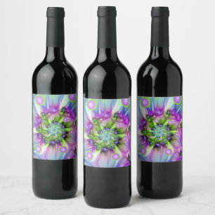 Colourful Spiral Round Shapes Abstract Fractal Art Wine Label