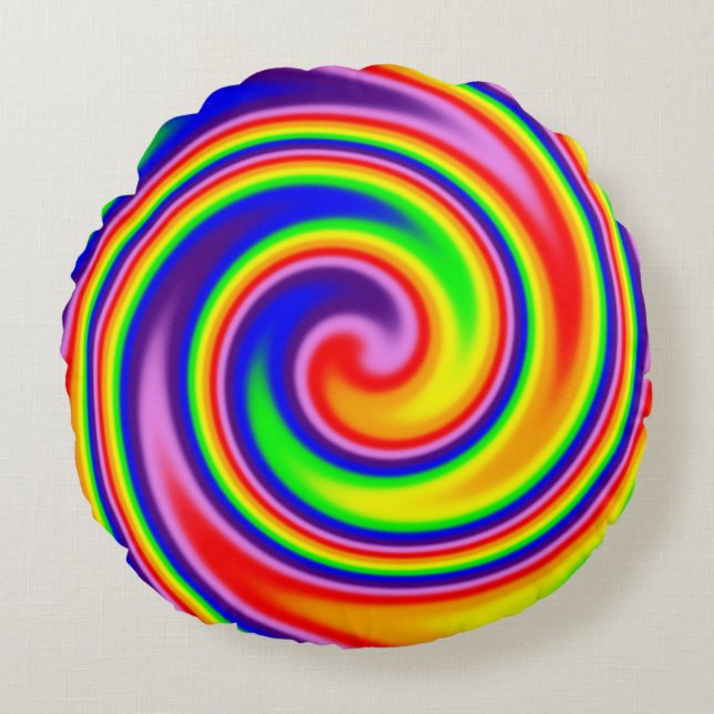Colourful Spiral Swirl Rainbow Colours Cheerful Round Cushion (Front)