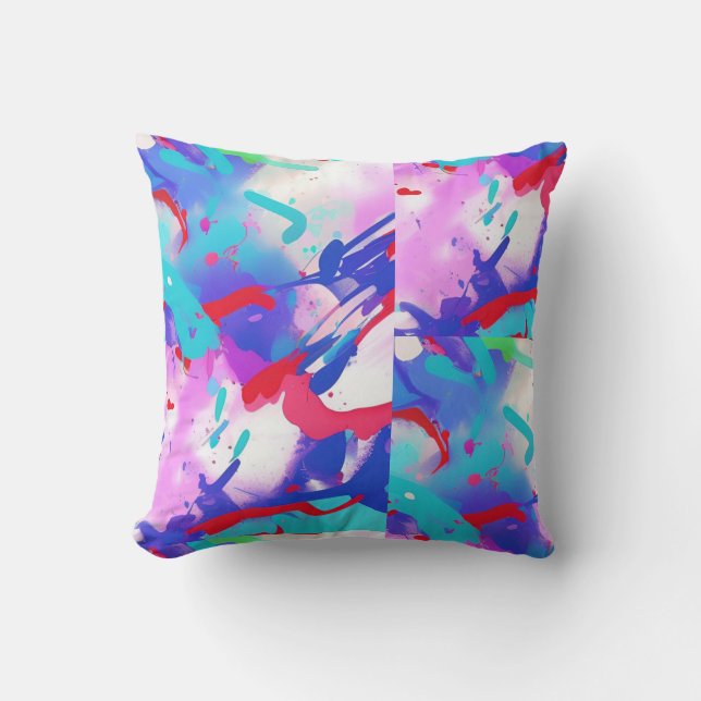 Colourful splash abstract aqua red indigo pink cushion (Front)