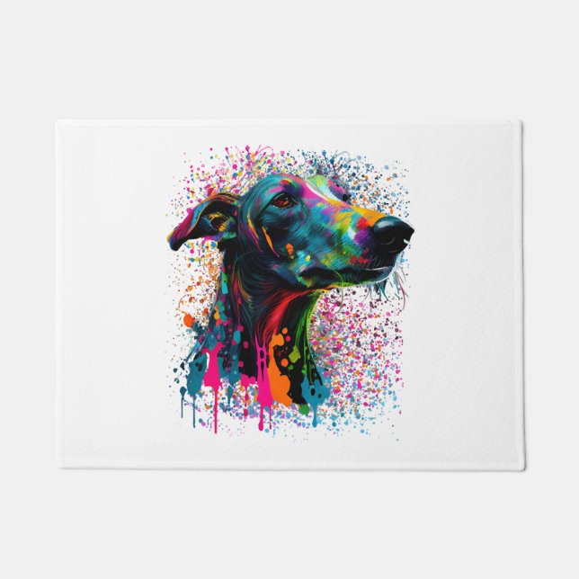 Colourful Splash Greyhound Portrait Puppy Owner Doormat (Front)