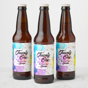 Colourful Splash Watercolor Birthday Beer Bottle Label